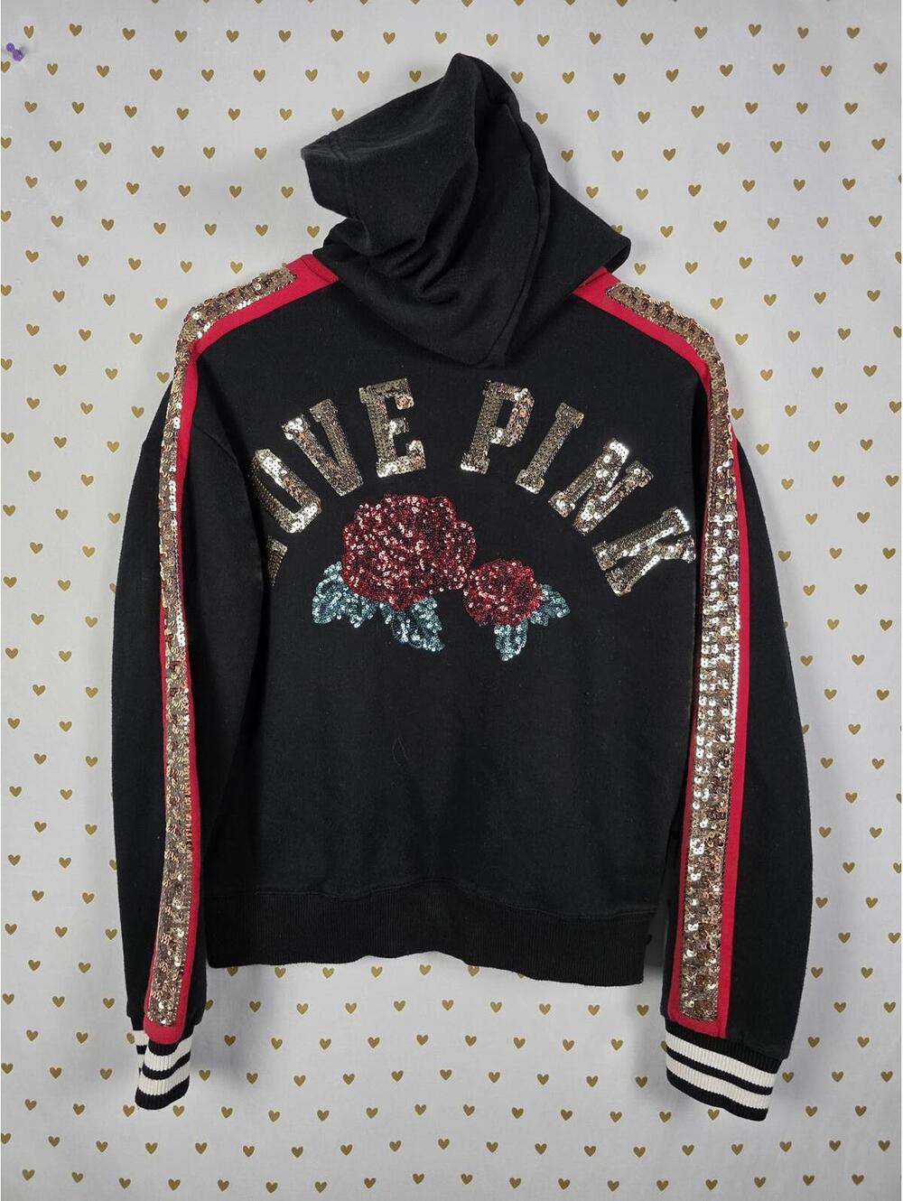 Victorias Secret Pink BLING Special Edition ROSE Sequined Hoodie Sweater Small